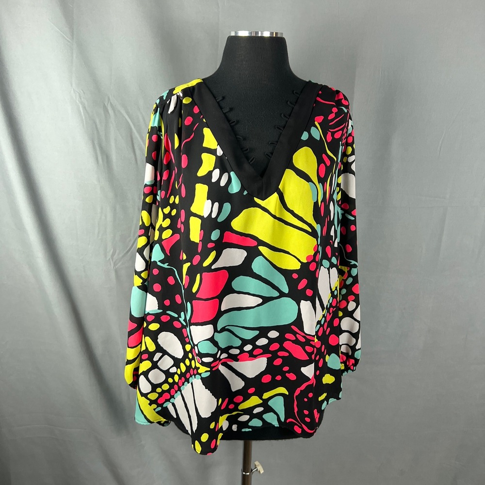 Gibson & Latimer Blouse Top Women 2X Multicolor Abstract Print Curved Hem V Neck